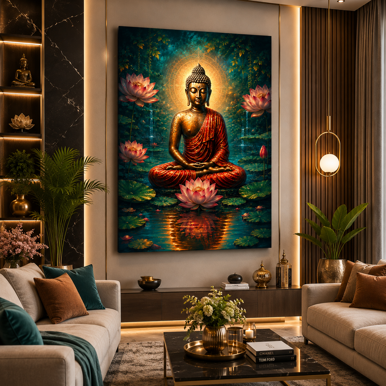 Decor Daddy Serene Buddha Canvas Wall Painting | Lotus Pond Spiritual Wall Art | Premium HD Stretched Canvas for Living Room, Bedroom & Meditation Room