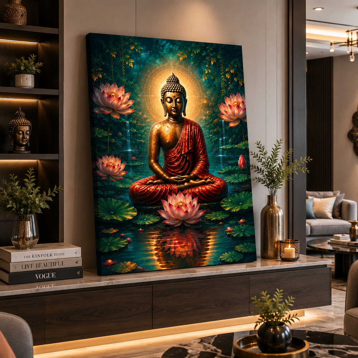 Decor Daddy Serene Buddha Canvas Wall Painting | Lotus Pond Spiritual Wall Art | Premium HD Stretched Canvas for Living Room, Bedroom & Meditation Room
