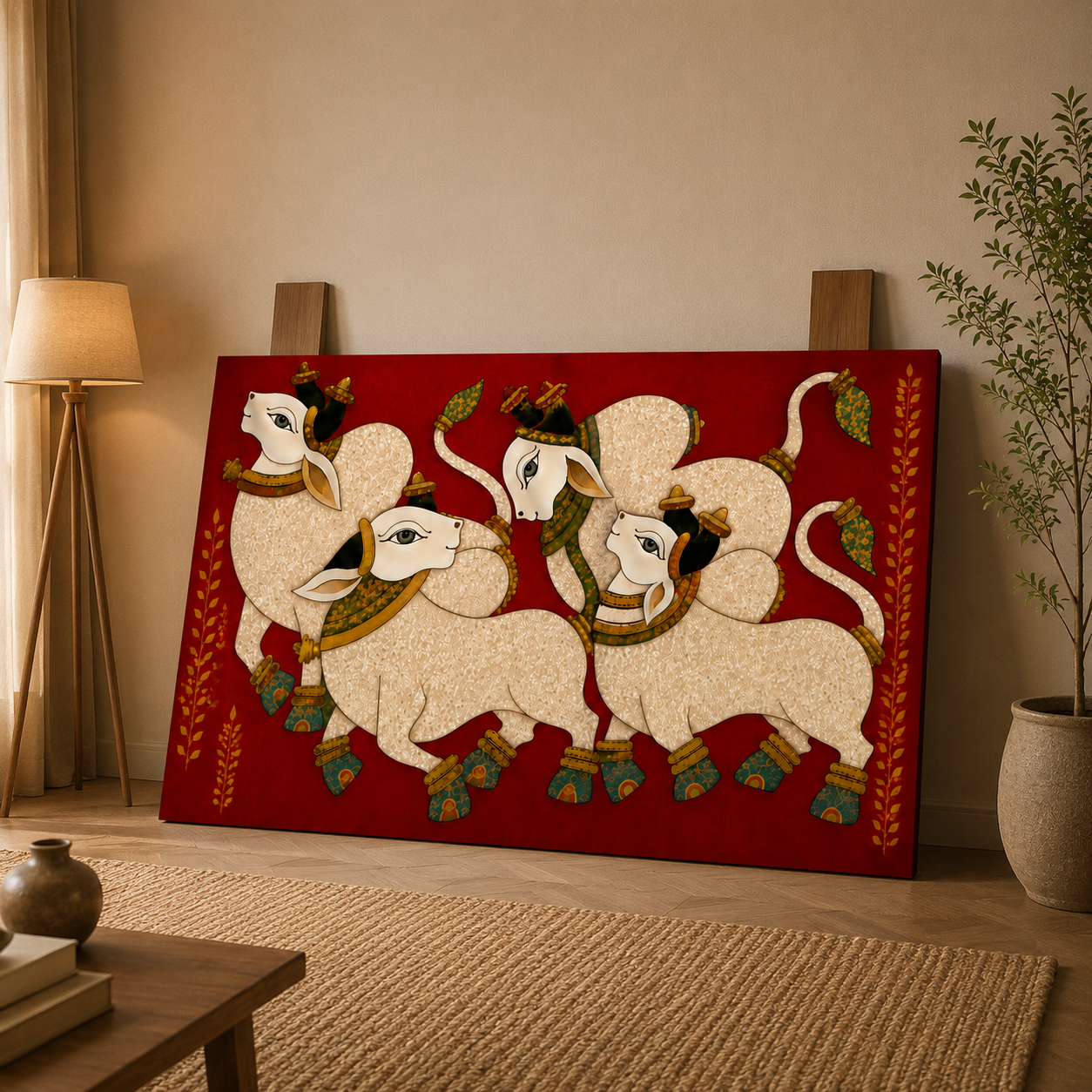 Sacred Nandi Family Canvas Painting – Traditional Indian Spiritual Wall Art for Living Room & Home Decor
