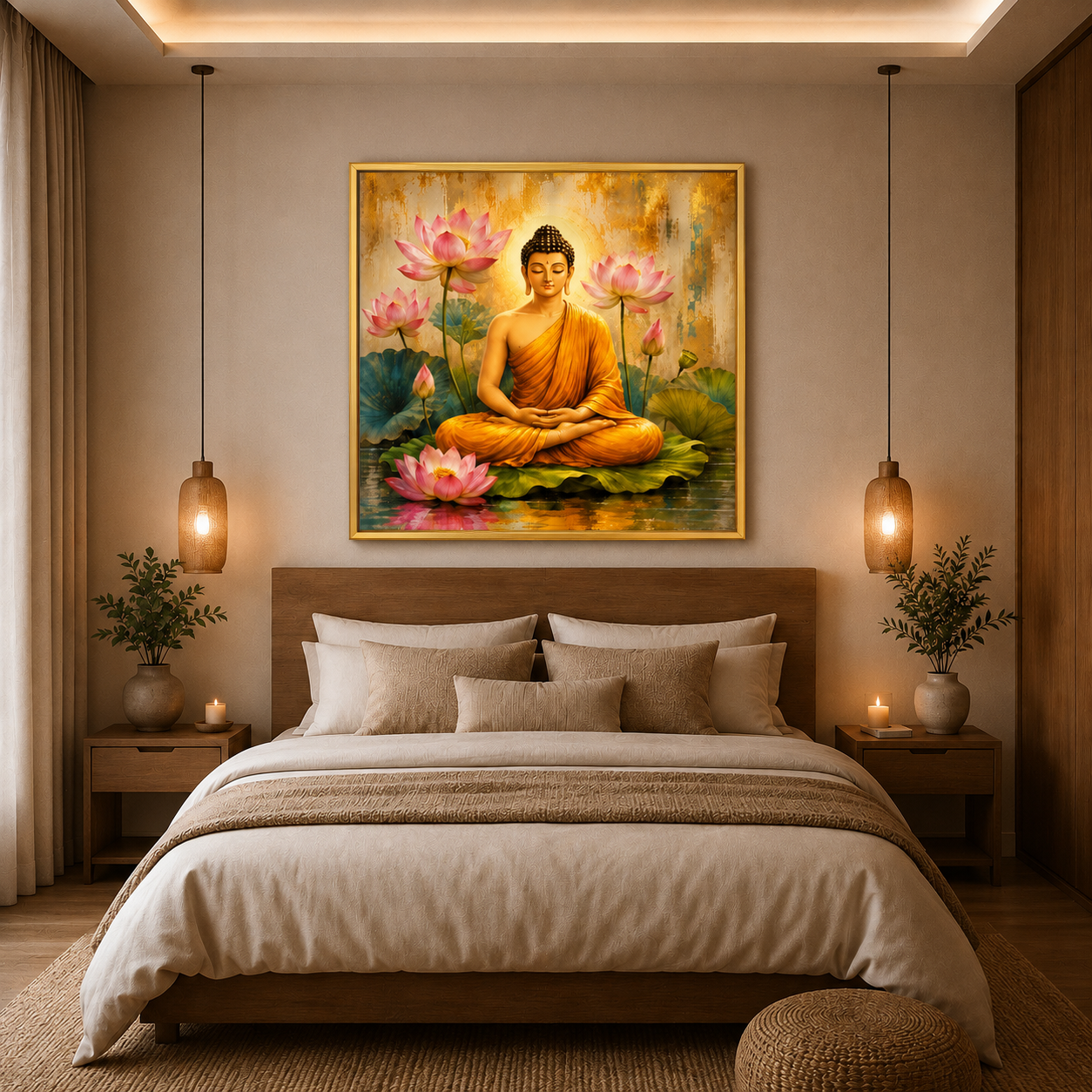 Decor Daddy Meditating Buddha with Lotus Canvas Wall Painting for Living Room, Bedroom & Meditation Room