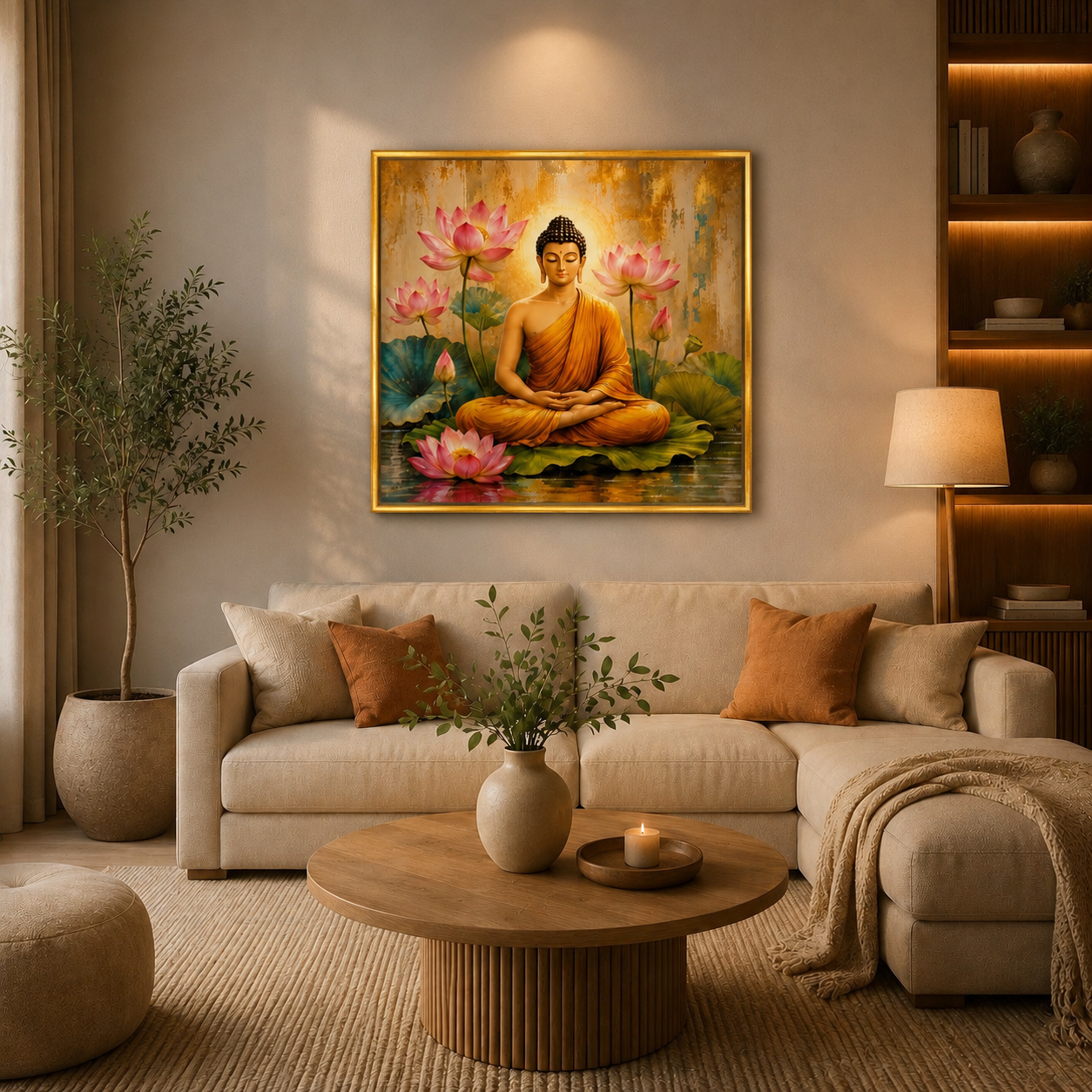 Decor Daddy Meditating Buddha with Lotus Canvas Wall Painting for Living Room, Bedroom & Meditation Room