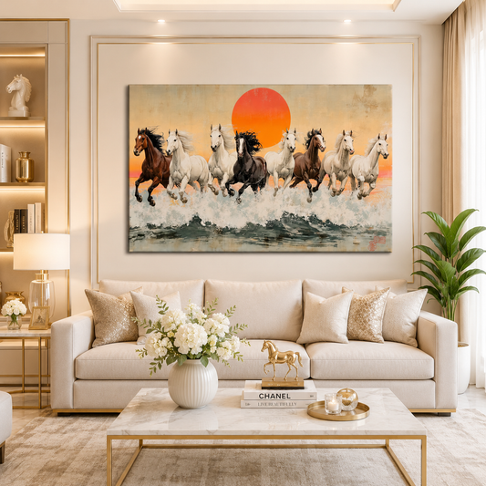 Running Horses Canvas Wall Art with Sunrise – Premium Large Horse Painting for Living Room, Modern Animal Wall Decor | Decor Daddy