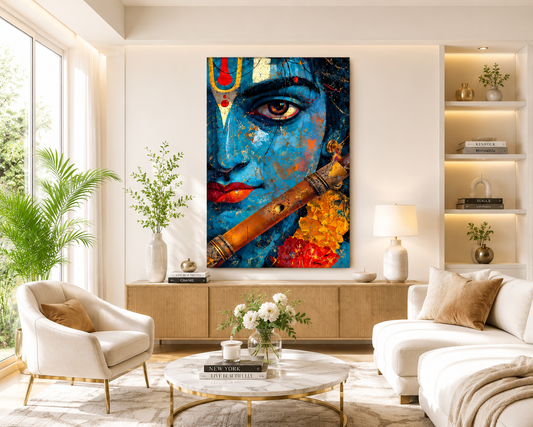 Krishna Face Canvas Wall Art – Blue Abstract Krishna Painting with Flute for Living Room & Bedroom Decor