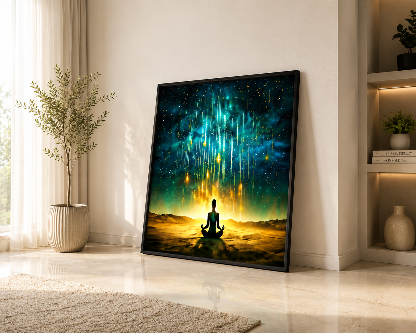Inner Peace Meditation Canvas Wall Art – Spiritual Buddha Wall Painting Black Frame for Living Room & Yoga Room Decor