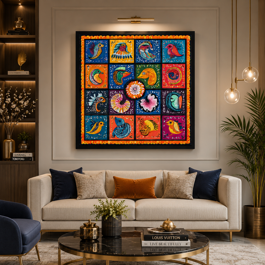 Colorful Folk Bird Canvas Painting | Traditional Indian Art Wall Decor Multicolor Square Frame | Premium Ready to Hang Wall Art | Decor Daddy