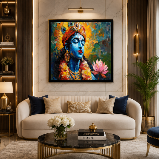 Lord Krishna Wall Painting For Living Room Big Size Black krishna Wall Decor for Bedroom, Office, Hotels - Peaceful Digital Painting Wooden Framed for Gifting Spiritual Canvas  Wall Art Black Frame Painting