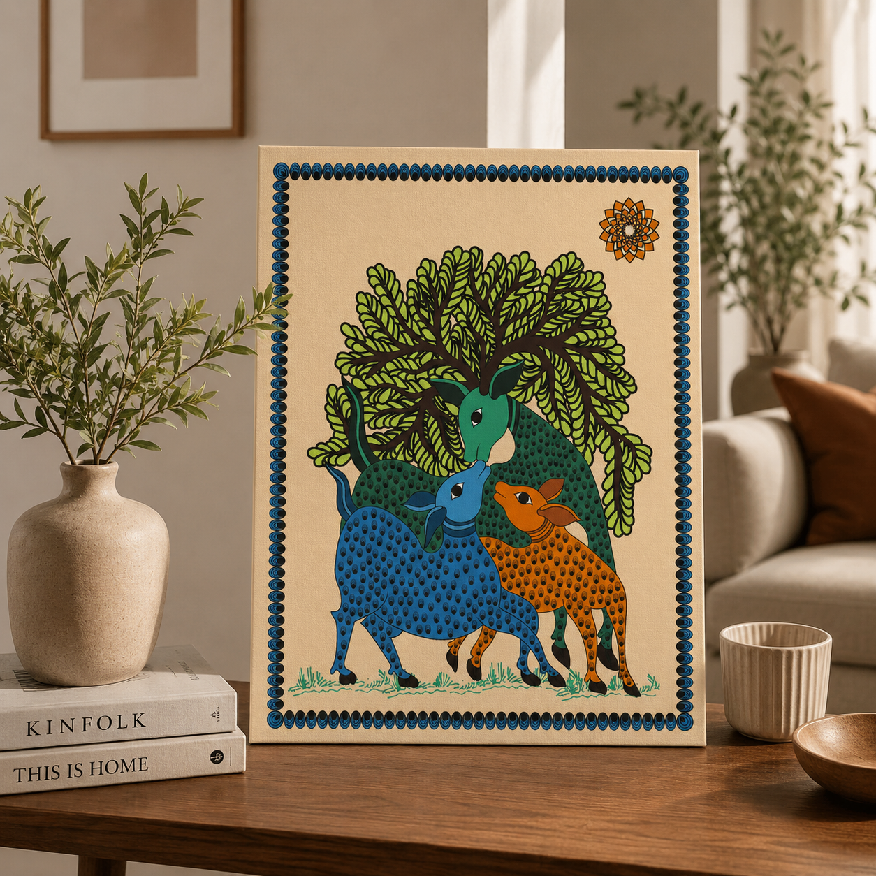 Tribal Folk Art Canvas Painting | Colorful Deer Wall Art | Handmade Style Modern Ethnic Canvas Print | Luxury Living Room & Dining Room Decorg