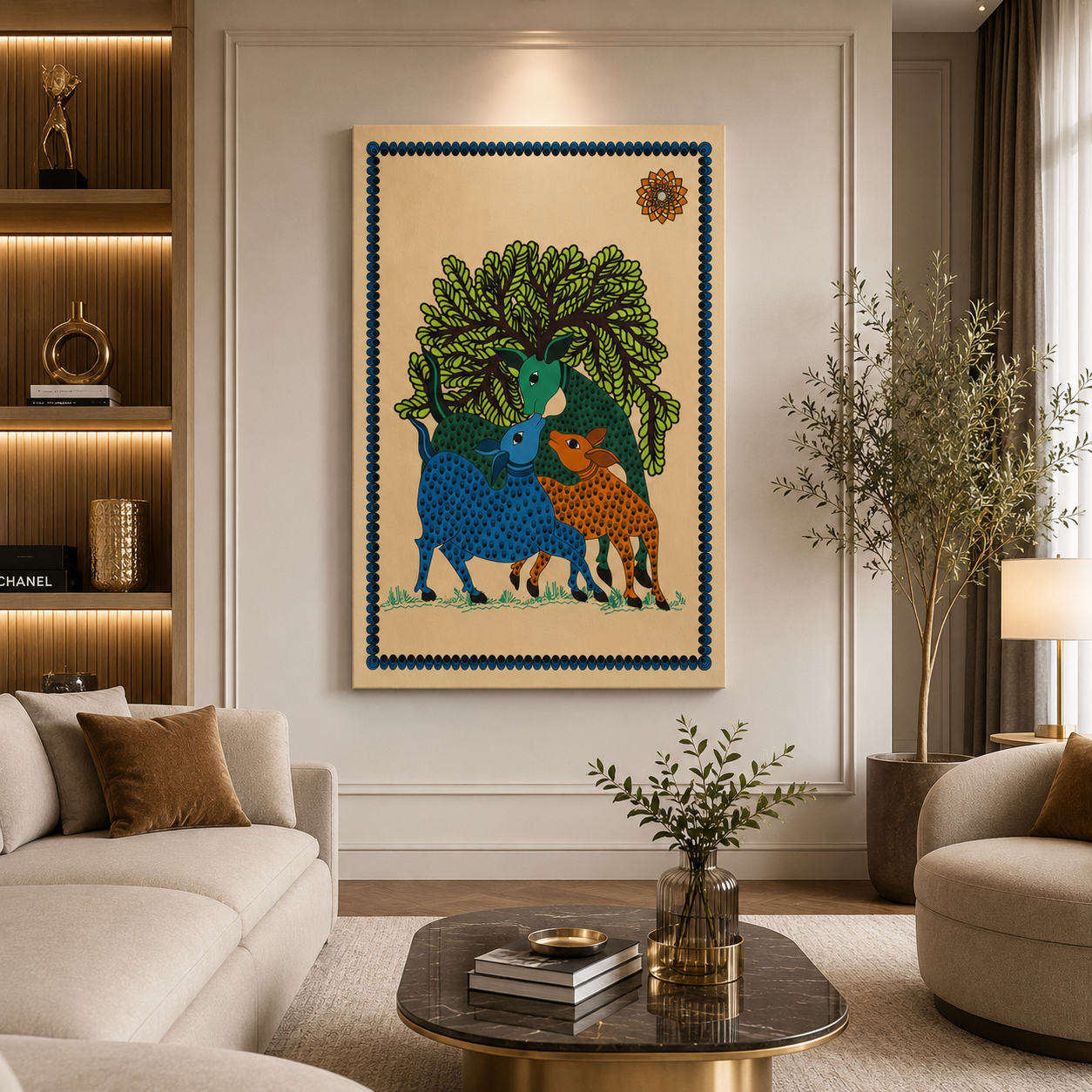 Tribal Folk Art Canvas Painting | Colorful Deer Wall Art | Handmade Style Modern Ethnic Canvas Print | Luxury Living Room & Dining Room Decorg