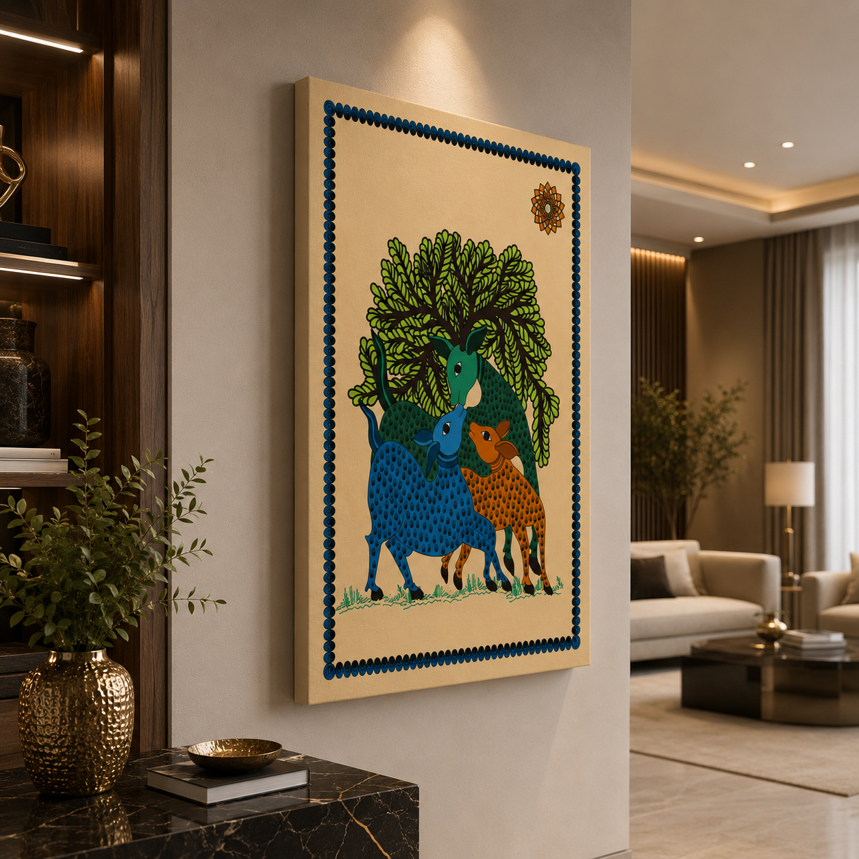 Tribal Folk Art Canvas Painting | Colorful Deer Wall Art | Handmade Style Modern Ethnic Canvas Print | Luxury Living Room & Dining Room Decorg