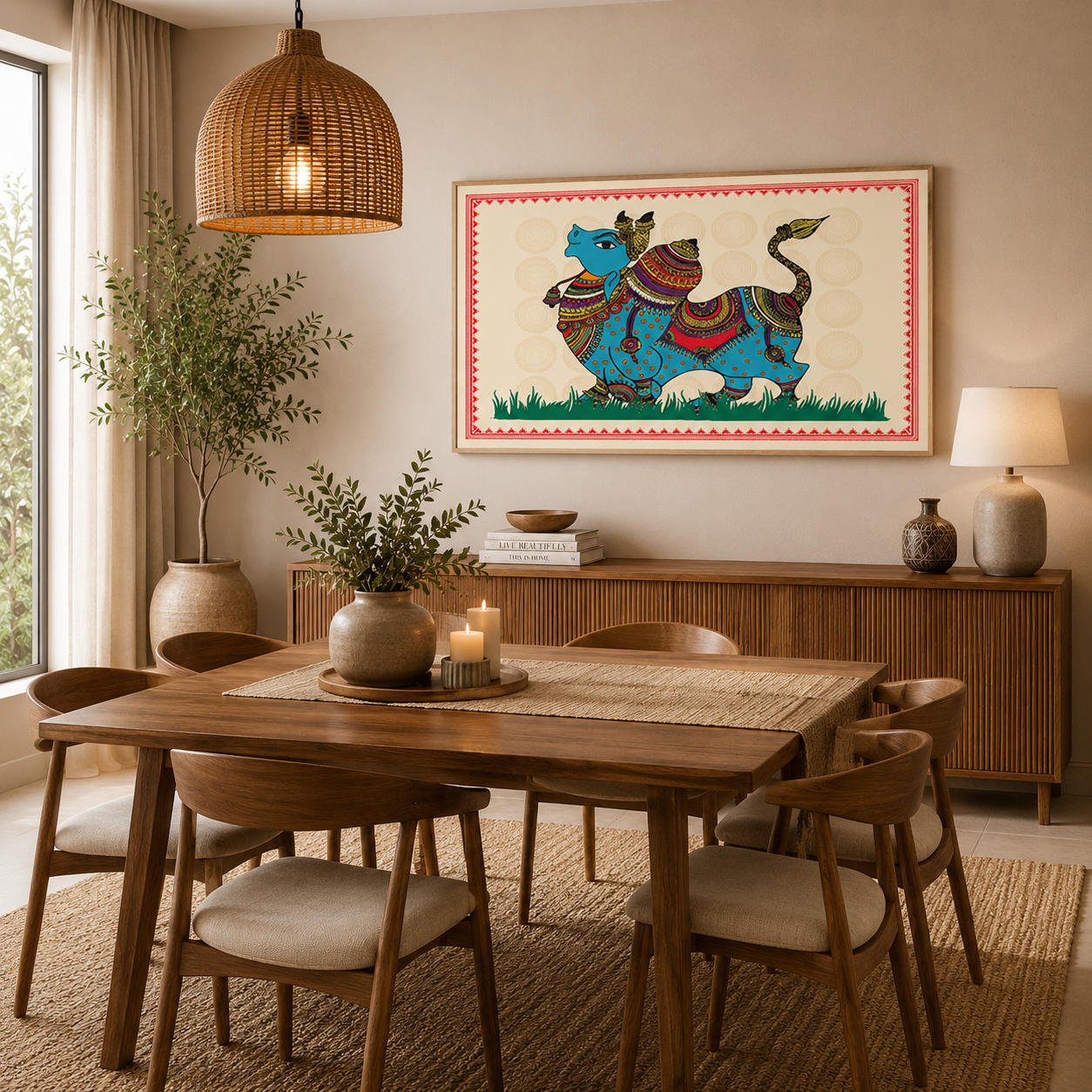 Traditional Folk Bull Canvas Wall Art | Indian Ethnic Animal Painting | Luxury Bedroom & Living Room Decor | Modern Boho Canvas stanched painting