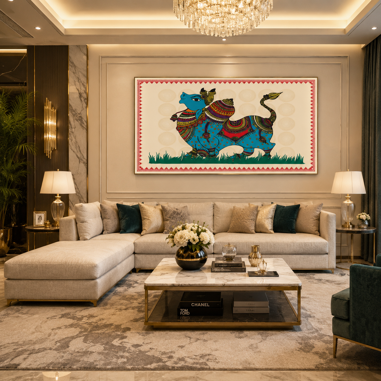 Traditional Folk Bull Canvas Wall Art | Indian Ethnic Animal Painting | Luxury Bedroom & Living Room Decor | Modern Boho Canvas stanched painting