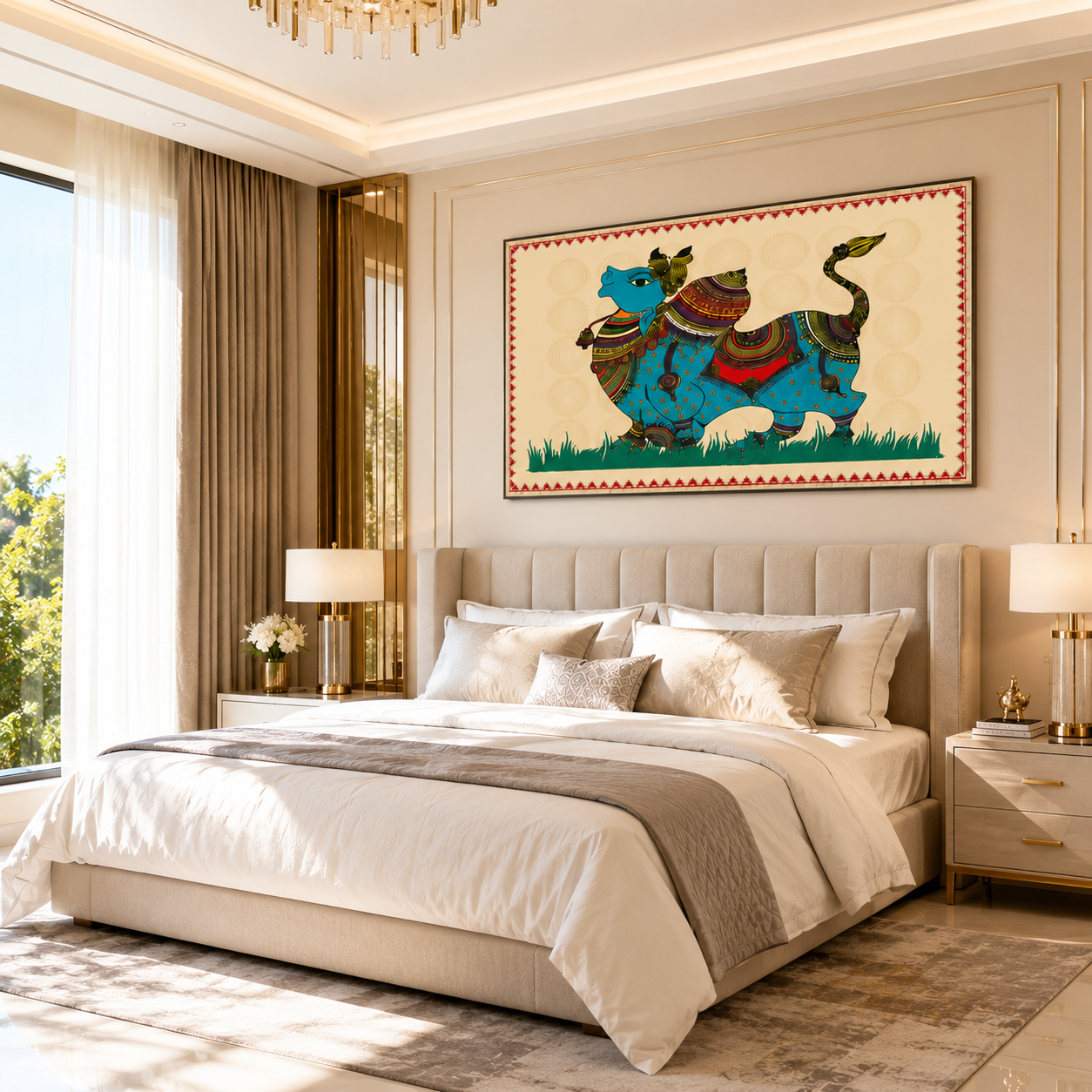 Traditional Folk Bull Canvas Wall Art | Indian Ethnic Animal Painting | Luxury Bedroom & Living Room Decor | Modern Boho Canvas stanched painting