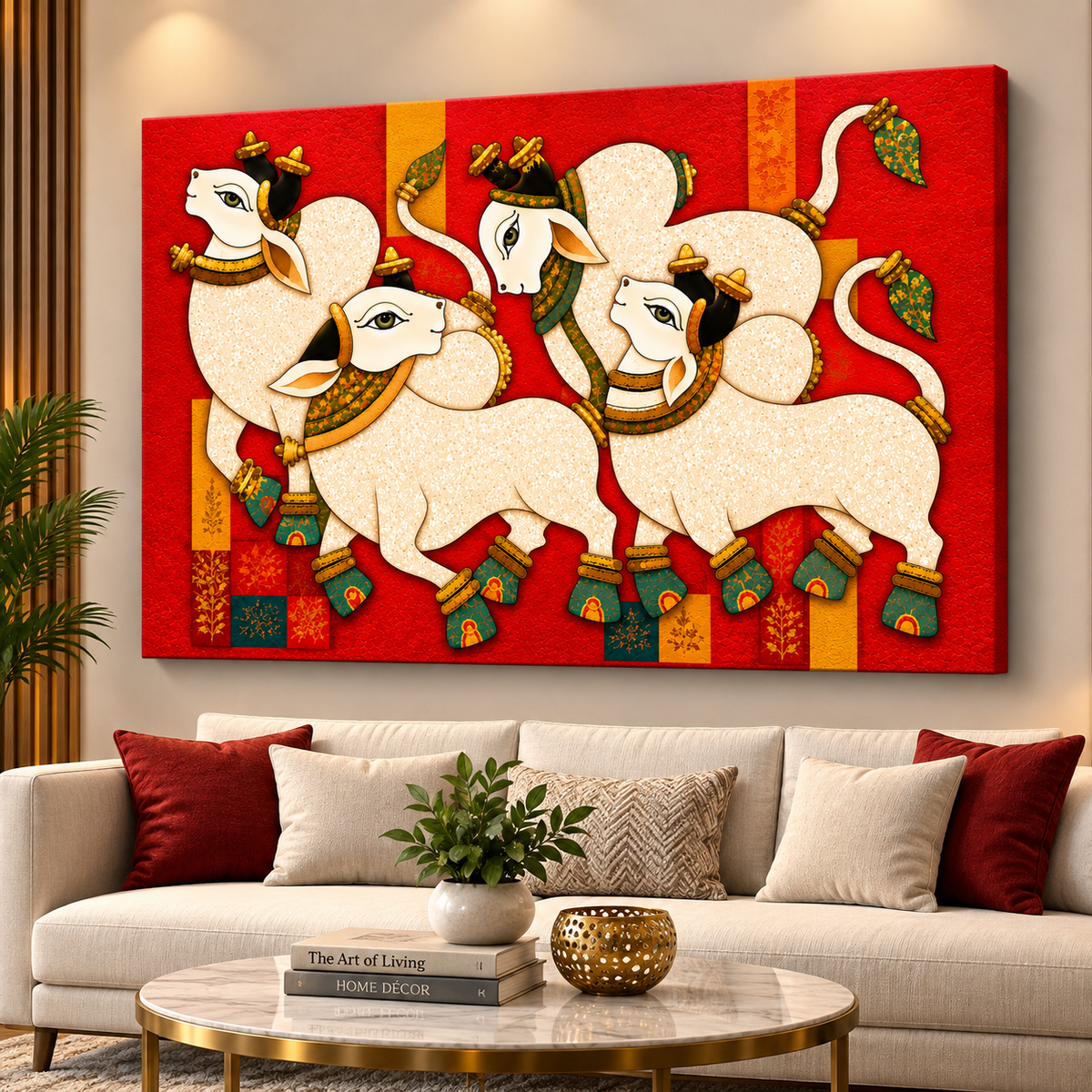 Sacred Nandi Family Canvas Painting – Traditional Indian Spiritual Wall Art for Living Room & Home Decor