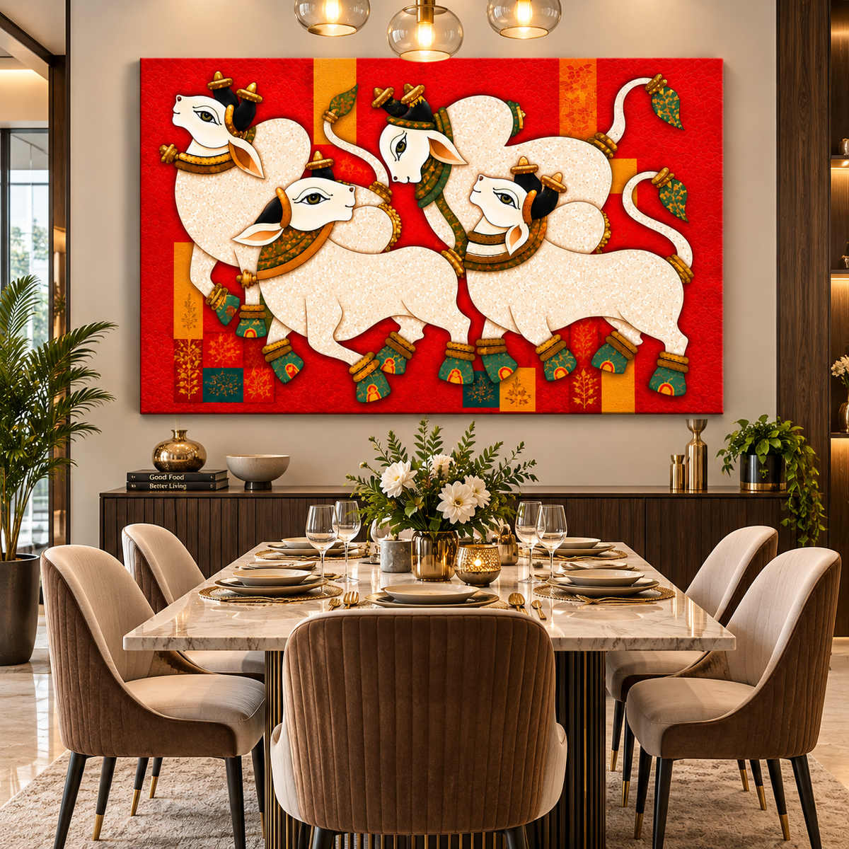 Sacred Nandi Family Canvas Painting – Traditional Indian Spiritual Wall Art for Living Room & Home Decor