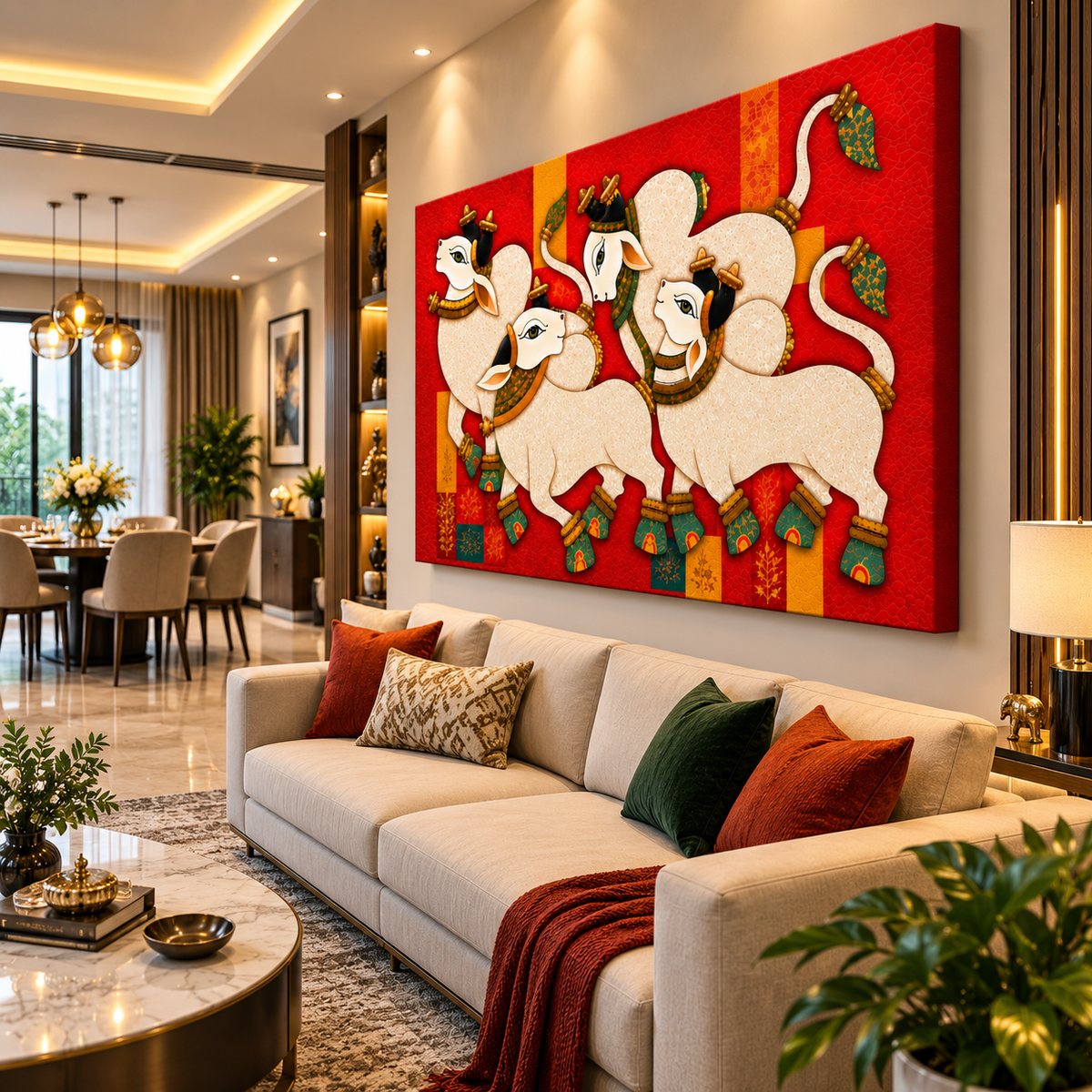 Sacred Nandi Family Canvas Painting – Traditional Indian Spiritual Wall Art for Living Room & Home Decor
