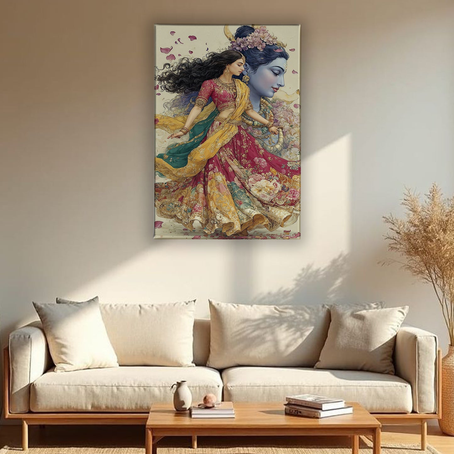Radha Krishna Canvas Wall Art – Romantic Spiritual Painting for Living Room & Bedroom Decor
