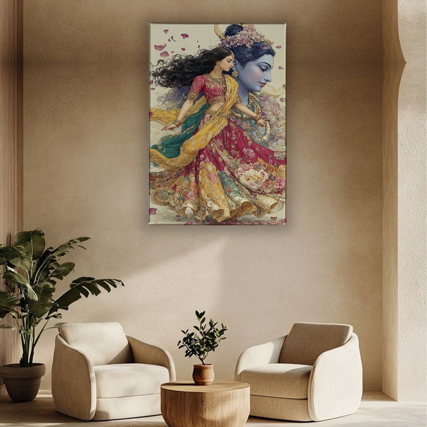 Radha Krishna Canvas Wall Art – Romantic Spiritual Painting for Living Room & Bedroom Decor