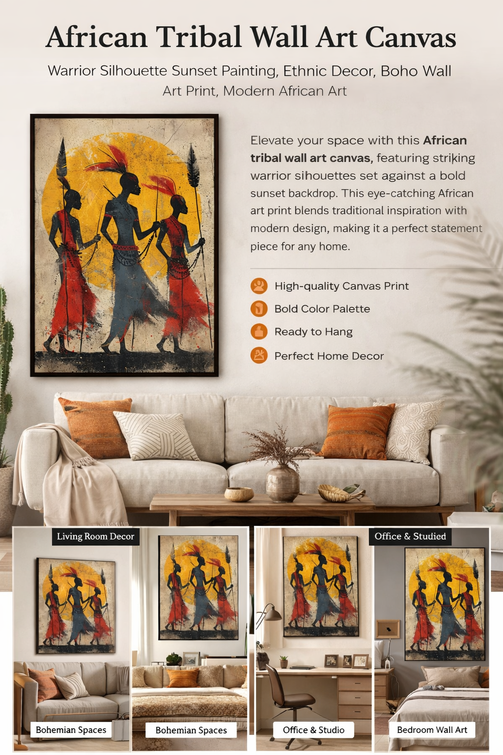 African Tribal Wall Art Canvas – Warrior Silhouette Painting, Ethnic Decor, Boho Wall Art Print, Modern African Art