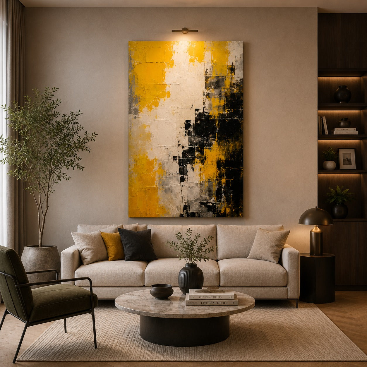 Modern Abstract Canvas Painting – Yellow Black White Wall Art for Living Room & Luxury Home Decor