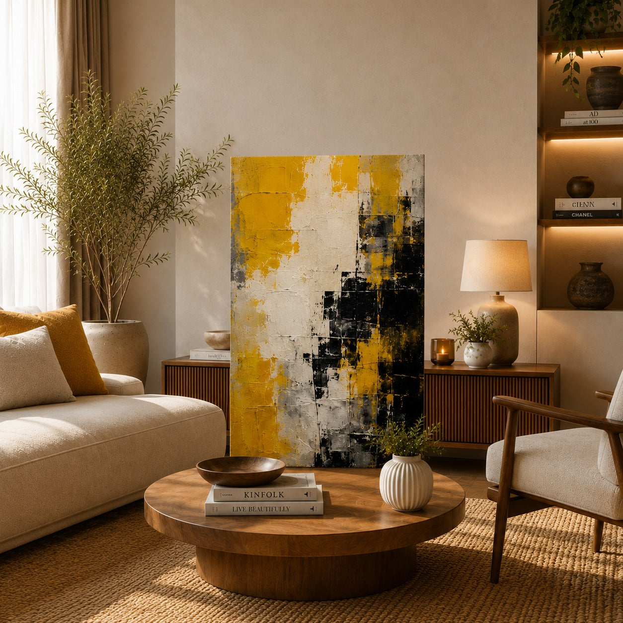 Modern Abstract Canvas Painting – Yellow Black White Wall Art for Living Room & Luxury Home Decor