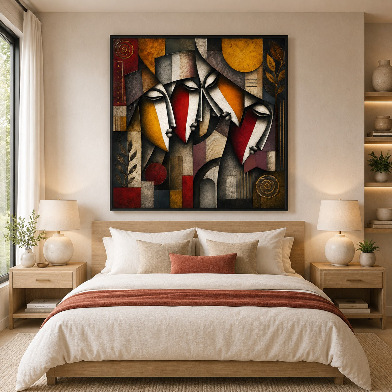 Abstract Tribal Faces Canvas Painting | Modern Geometric Wall Art | Contemporary Cubist Living Room Decor