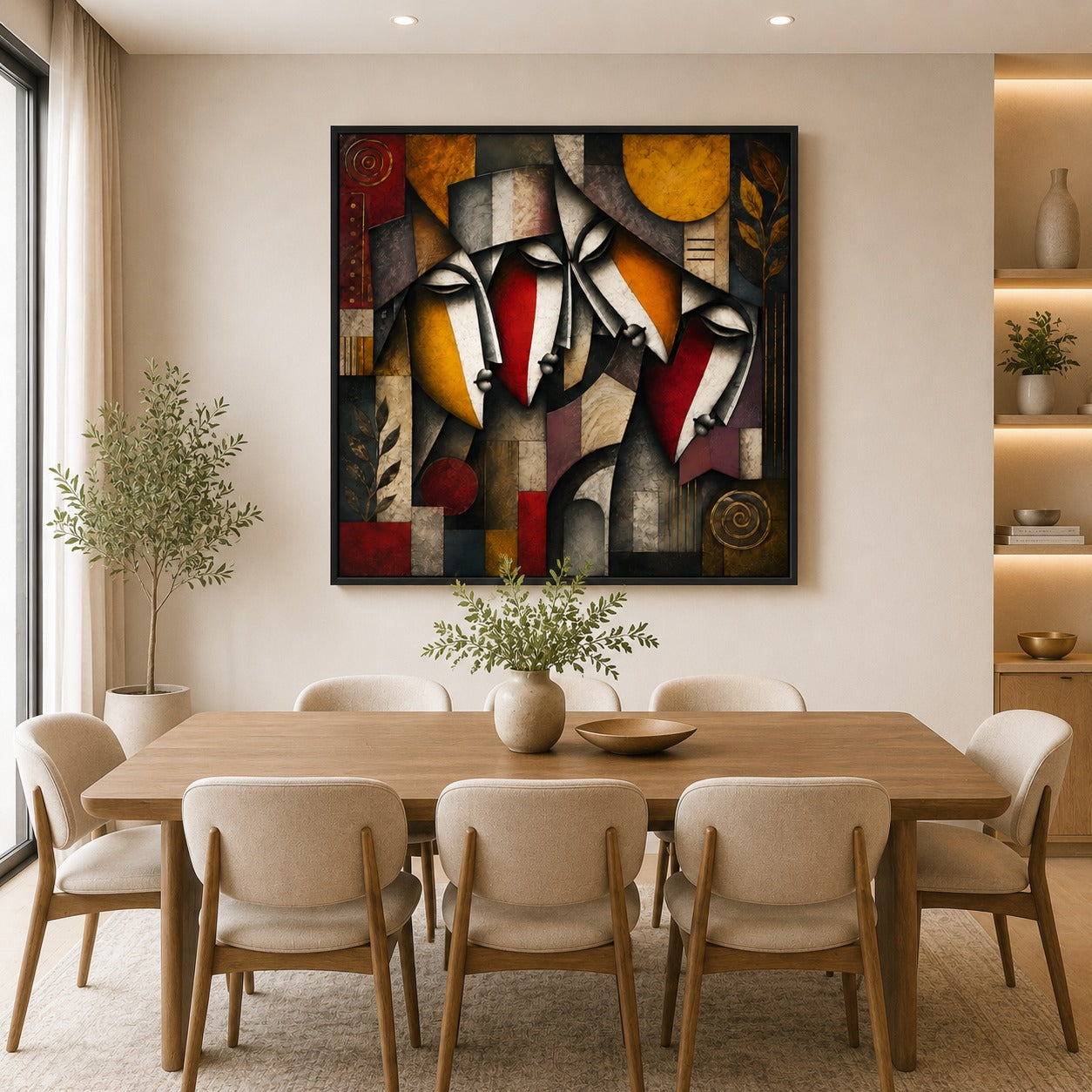 Abstract Tribal Faces Canvas Painting | Modern Geometric Wall Art | Contemporary Cubist Living Room Decor
