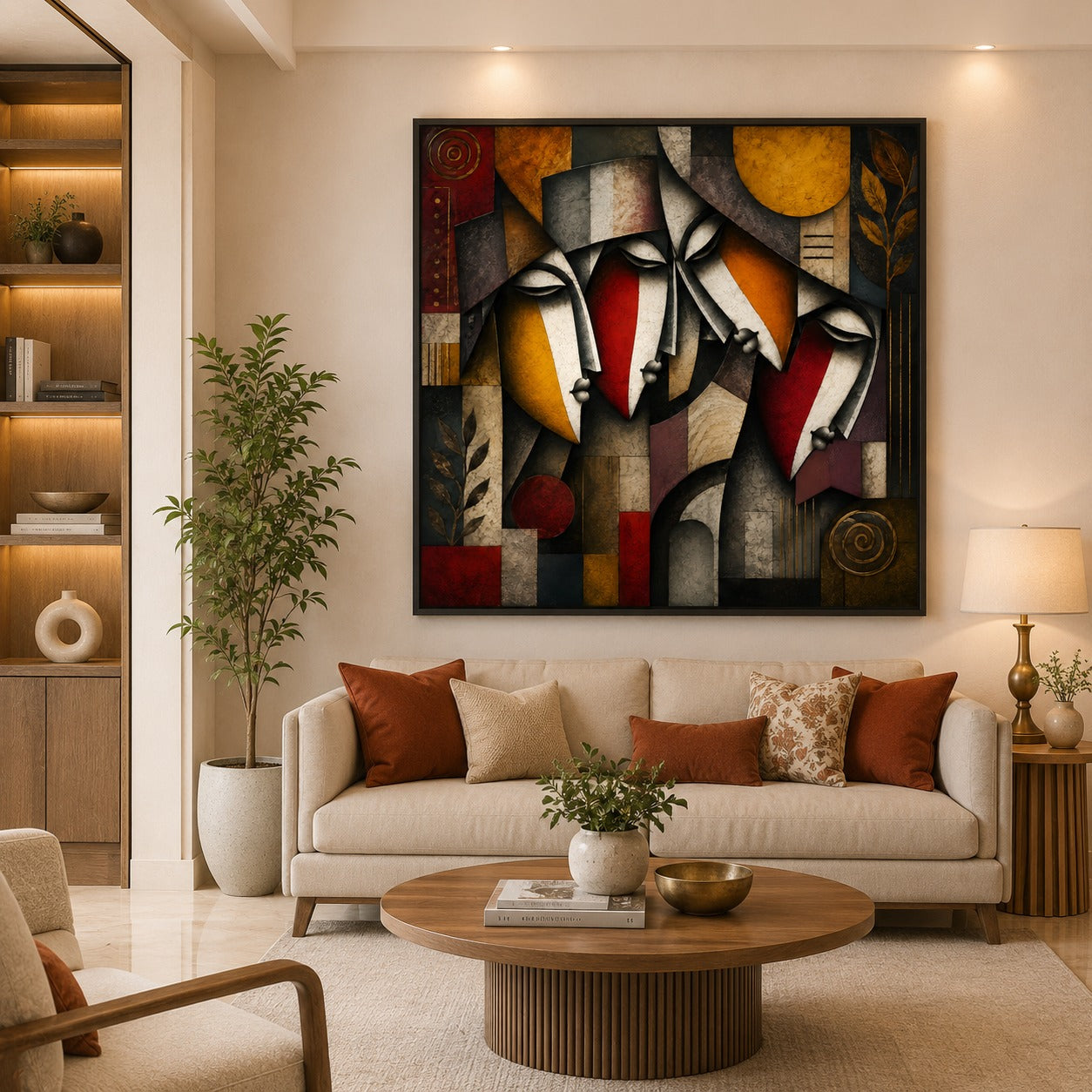 Abstract Tribal Faces Canvas Painting | Modern Geometric Wall Art | Contemporary Cubist Living Room Decor