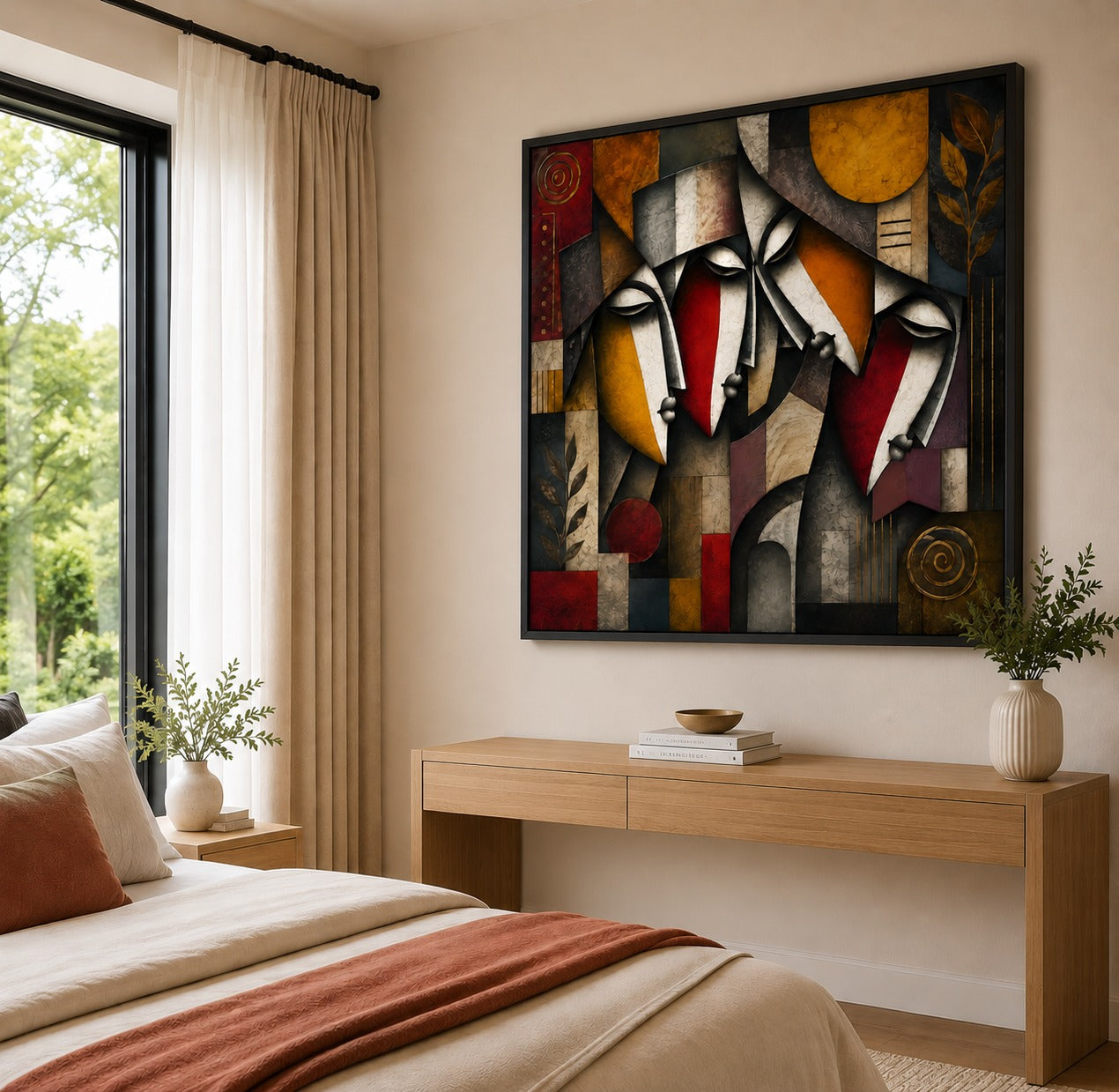 Abstract Tribal Faces Canvas Painting | Modern Geometric Wall Art | Contemporary Cubist Living Room Decor
