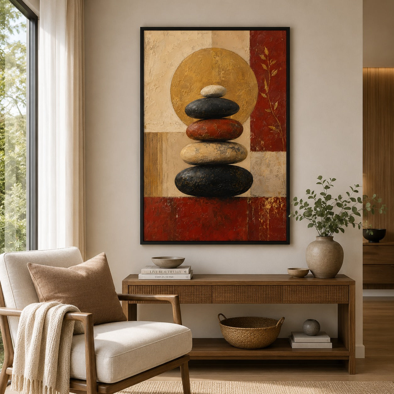 Zen Balance Stones Canvas Painting | Modern Abstract Meditation Wall Art | Minimalist Spa & Living Room Decor