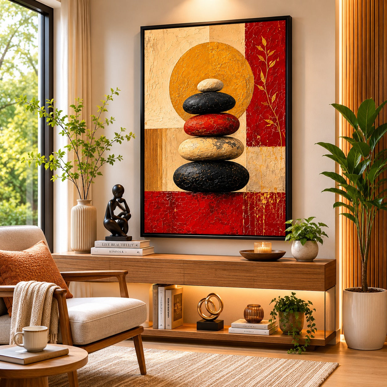 Zen Balance Stones Canvas Painting | Modern Abstract Meditation Wall Art | Minimalist Spa & Living Room Decor