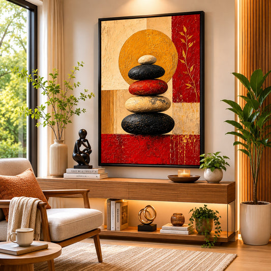 Zen Balance Stones Canvas Painting | Modern Abstract Meditation Wall Art | Minimalist Spa & Living Room Decor