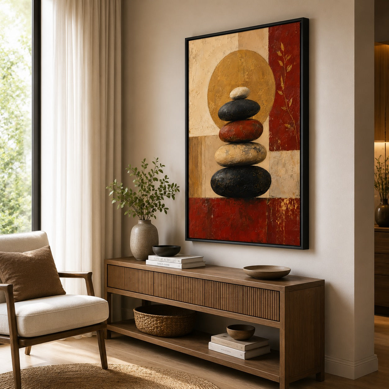 Zen Balance Stones Canvas Painting | Modern Abstract Meditation Wall Art | Minimalist Spa & Living Room Decor