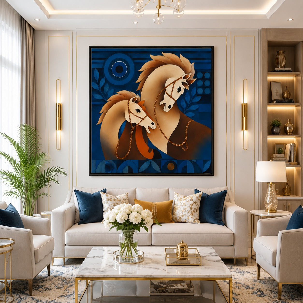 Decor daddy Modern Blue & Gold Horse Canvas Painting | Abstract Equine Wall Art for Living Room & Office