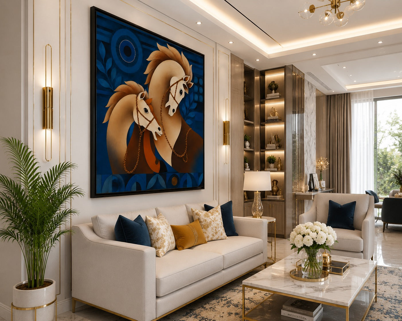 Decor daddy Modern Blue & Gold Horse Canvas Painting | Abstract Equine Wall Art for Living Room & Office