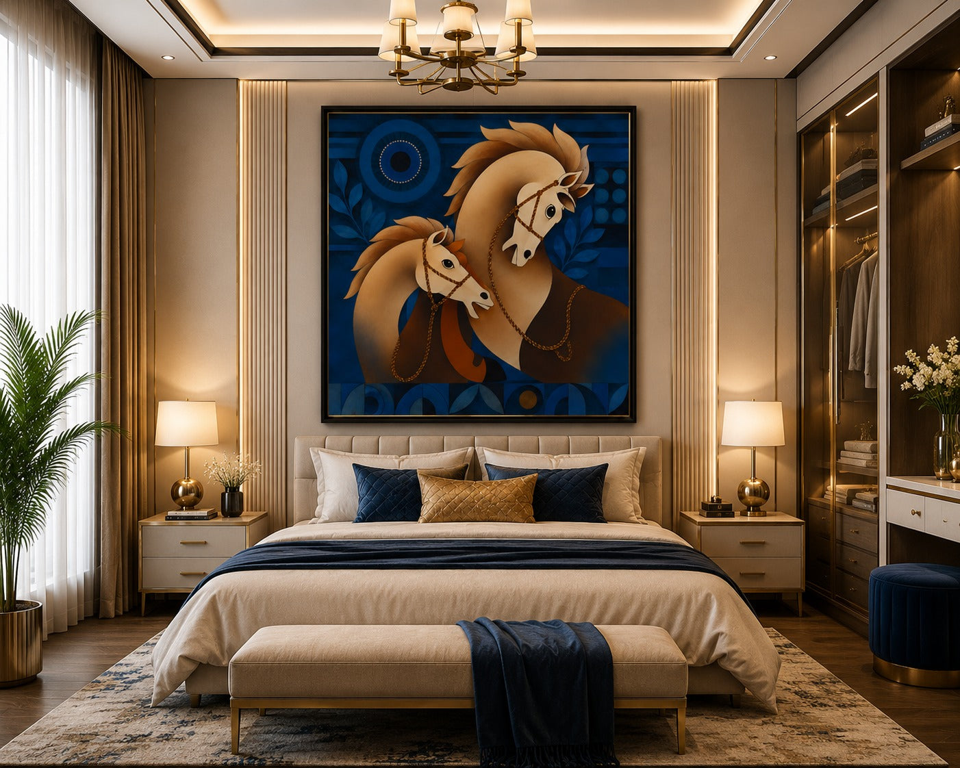 Decor daddy Modern Blue & Gold Horse Canvas Painting | Abstract Equine Wall Art for Living Room & Office