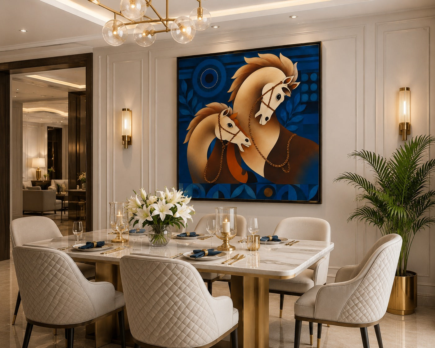 Decor daddy Modern Blue & Gold Horse Canvas Painting | Abstract Equine Wall Art for Living Room & Office