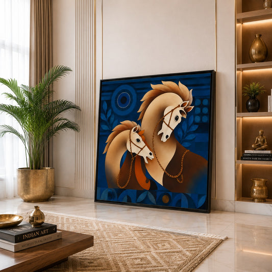 Decor daddy Modern Blue & Gold Horse Canvas Painting | Abstract Equine Wall Art for Living Room & Office