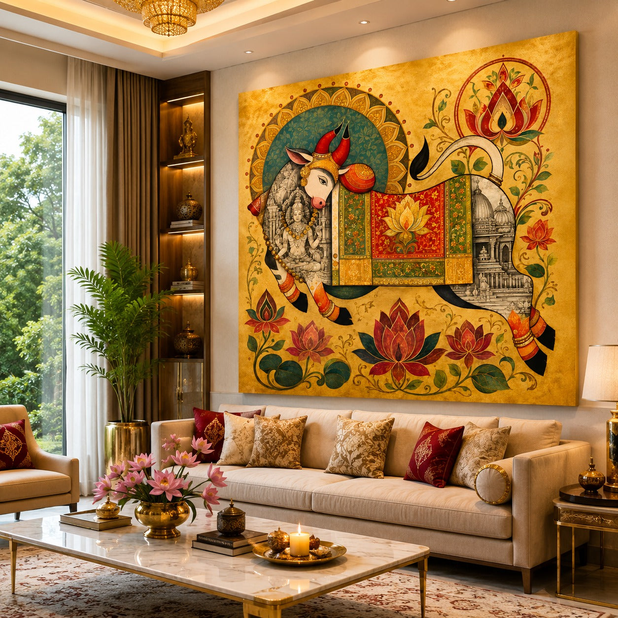 Geometric Nature-Inspired Canvas Stretched Divine Kamdhenu Cow Canvas Painting – Traditional Indian Spiritual Wall Art | Sacred Lotus & Temple Artwork for Bedroom & Living Room DecorFrame – Modern Wall Art for Home & Office