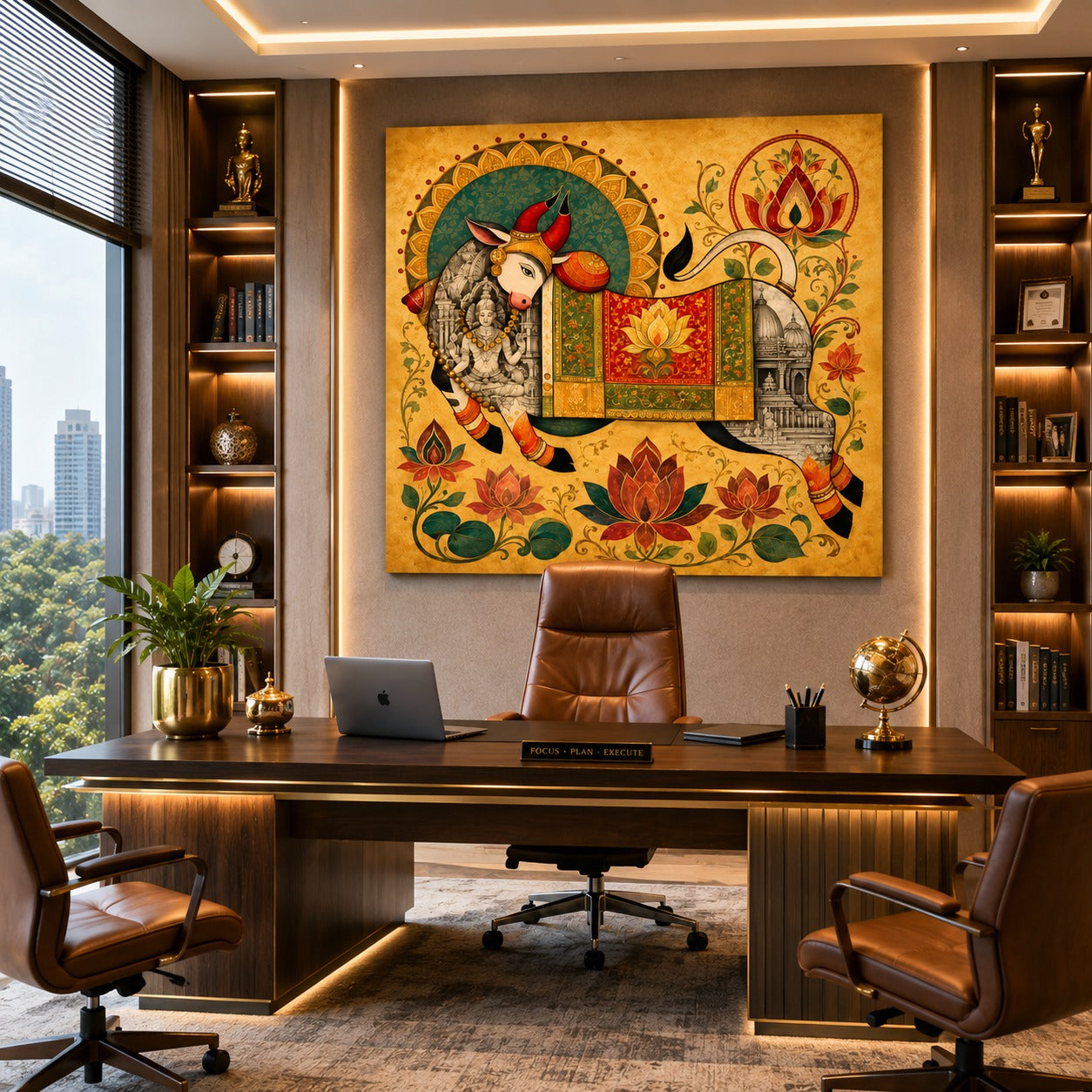 Decorate your home with this Divine Kamdhenu Cow Canvas Painting featuring sacred lotus flowers, temple motifs, and traditional Indian artwork. Premium spiritual wall decor for bedrooms, living rooms, pooja rooms, and luxury interiors.