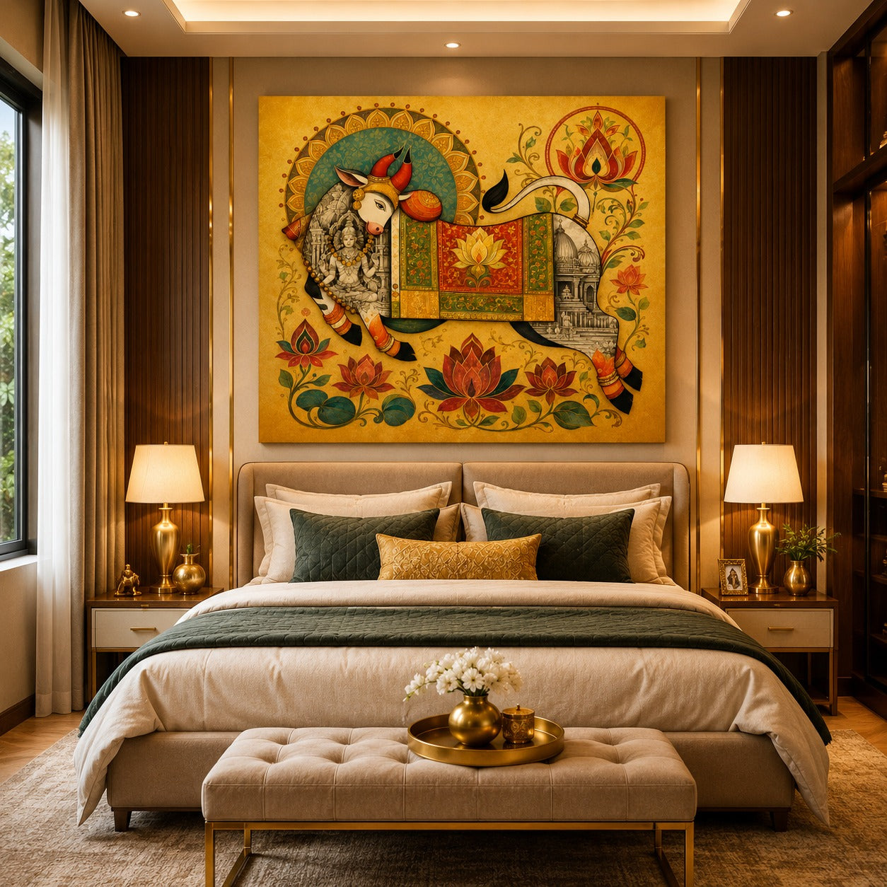 Geometric Nature-Inspired Canvas Stretched Divine Kamdhenu Cow Canvas Painting – Traditional Indian Spiritual Wall Art | Sacred Lotus & Temple Artwork for Bedroom & Living Room DecorFrame – Modern Wall Art for Home & Office