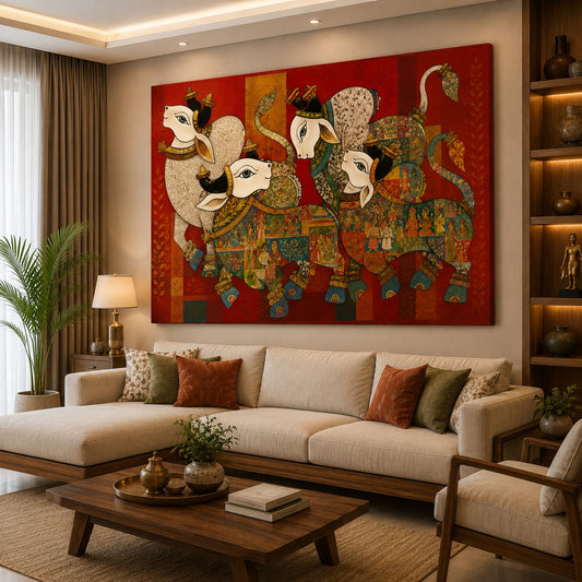 Sacred Nandi Family Canvas Painting – Traditional Indian Spiritual Wall Art for Living Room & Home Decor