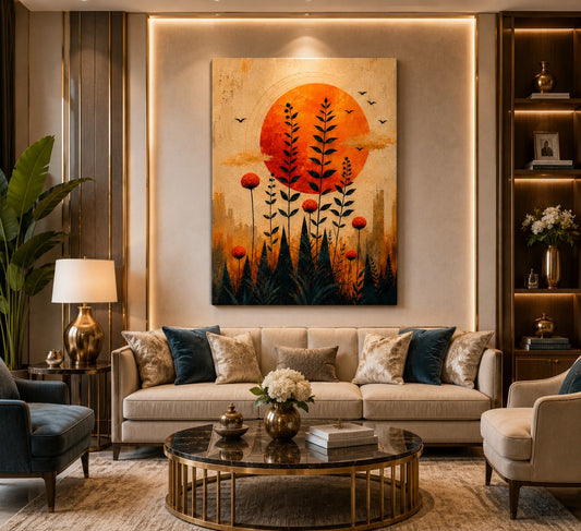 Golden Sunset Botanical Canvas Wall Art – Modern Nature-Inspired Floral Painting for Elegant Home Décor