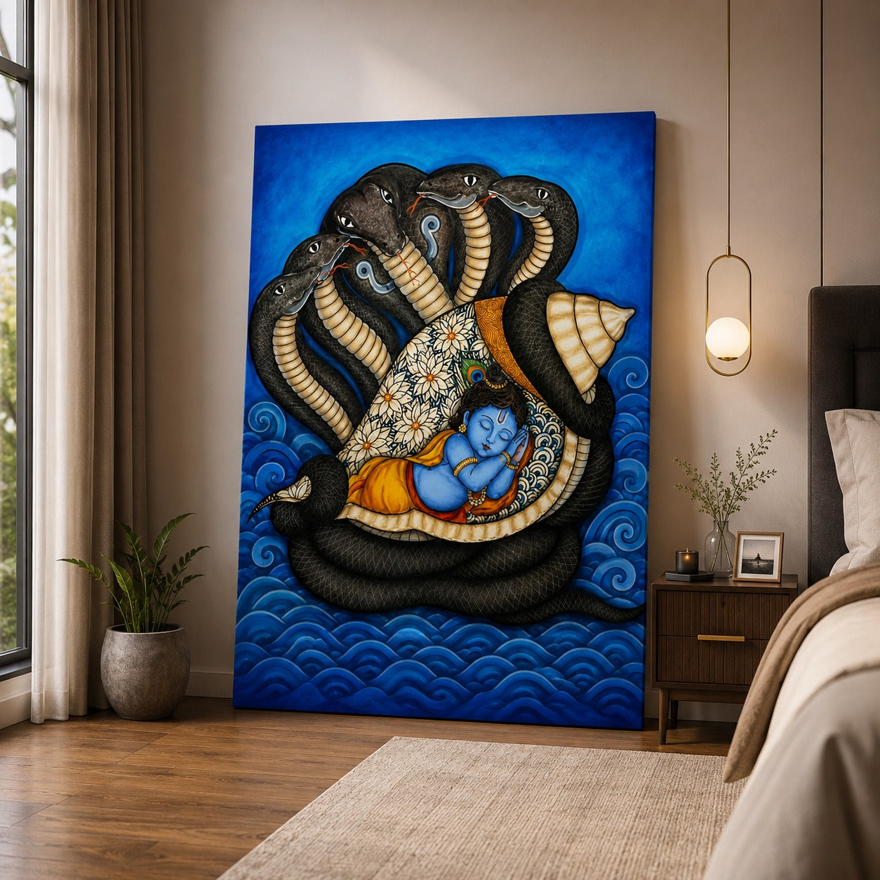 Baby Krishna on Sheshnag Canvas Wall Painting | Divine Hindu Wall Art for Living Room, Bedroom & Temple | Premium Canvas Print