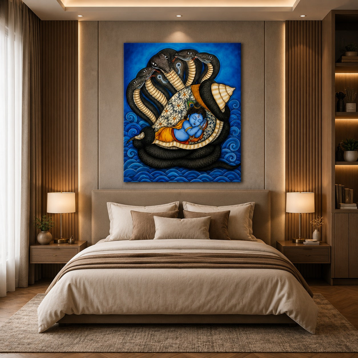 Baby Krishna on Sheshnag Canvas Wall Painting | Divine Hindu Wall Art for Living Room, Bedroom & Temple | Premium Canvas Print