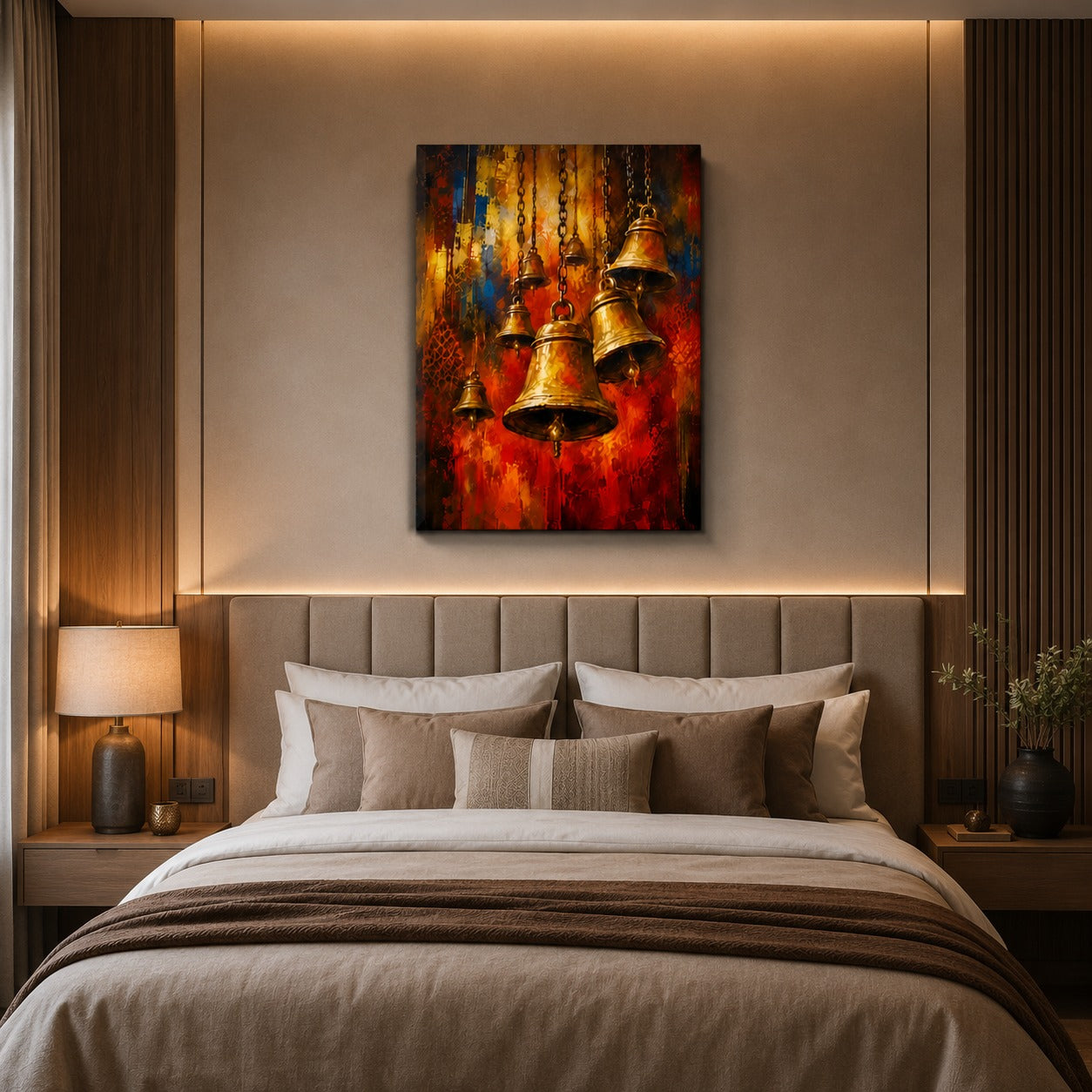 Temple Bells Canvas Wall Painting | Spiritual Brass Ghanti Wall Art | Premium Religious Canvas Print for Home, Pooja Room & Office | Decor Daddy