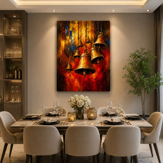Temple Bells Canvas Wall Painting | Spiritual Brass Ghanti Wall Art | Premium Religious Canvas Print for Home, Pooja Room & Office | Decor Daddy