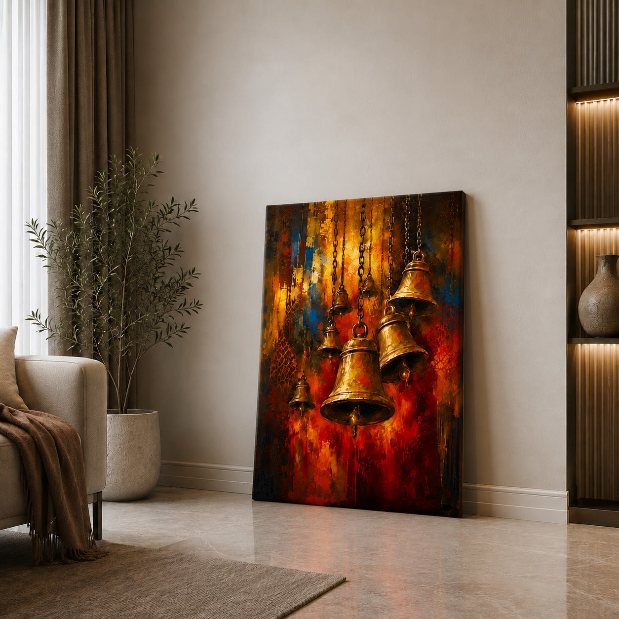 Temple Bells Canvas Wall Painting | Spiritual Brass Ghanti Wall Art | Premium Religious Canvas Print for Home, Pooja Room & Office | Decor Daddy