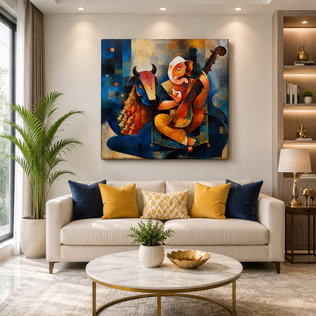 Lord Ganesha with Cow Canvas Wall Painting | Premium Spiritual Canvas Art for Living Room, Office & Home Temple | Decor Daddy