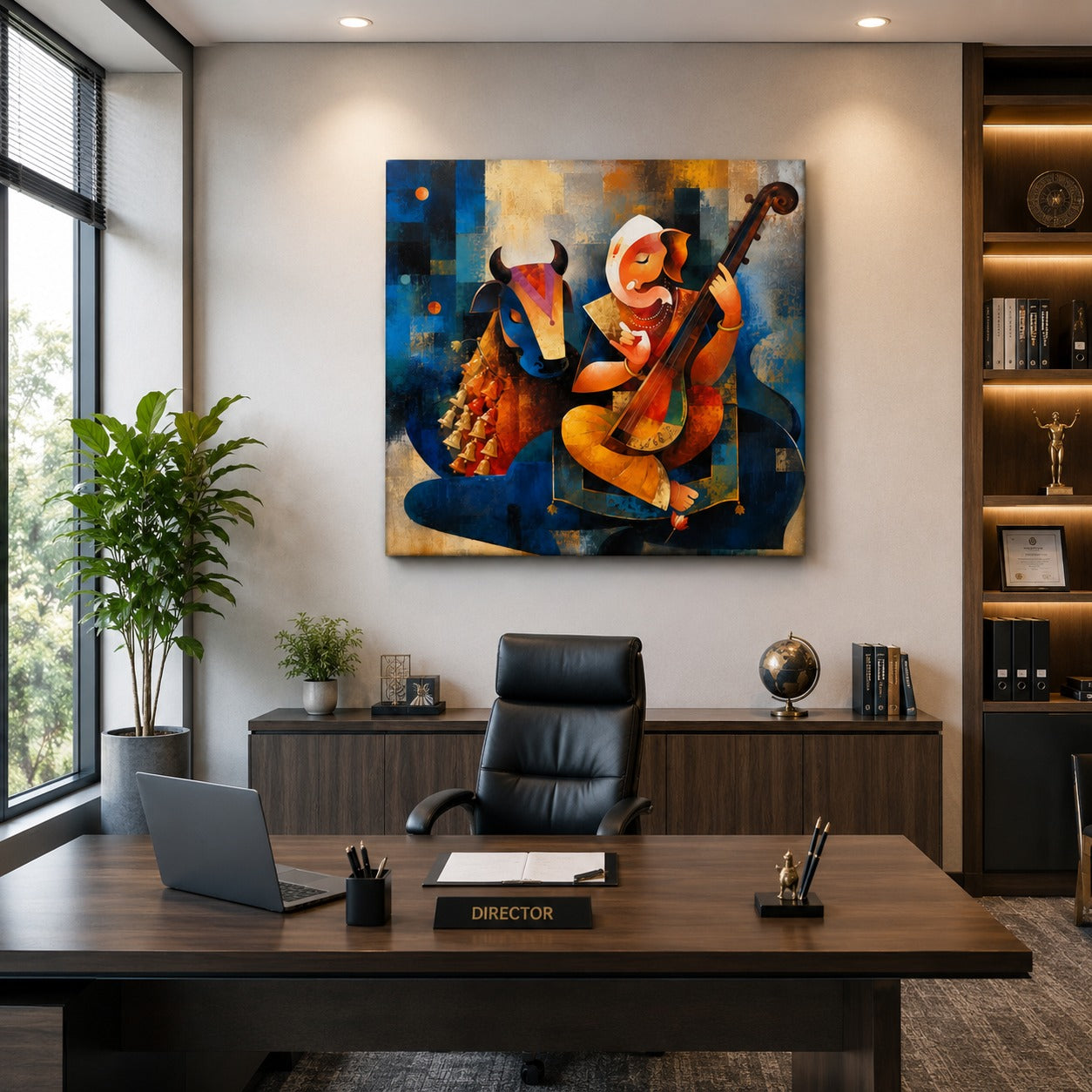 Lord Ganesha with Cow Canvas Wall Painting | Premium Spiritual Canvas Art for Living Room, Office & Home Temple | Decor Daddy
