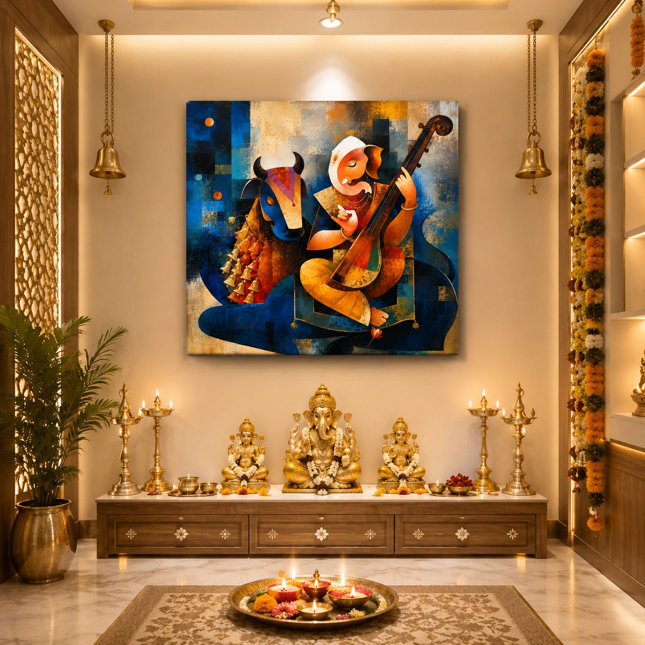 Lord Ganesha with Cow Canvas Wall Painting | Premium Spiritual Canvas Art for Living Room, Office & Home Temple | Decor Daddy